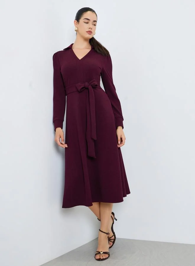 Styli  Women Burgundy Tie-Waist A-Line Midi Dress for Women | Best Price UAE